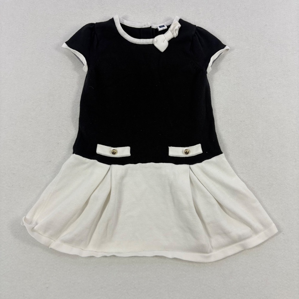 Janie and Jack Sweater Dress Kids 3 Black White Bow Gold Button Preppy FLAW